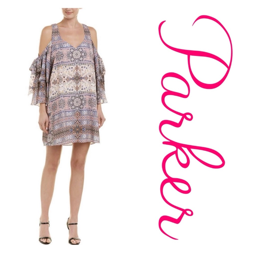 PARKER Mosaic Print Chambers Cold Shoulder CottageCore Boho Mini Shift Dress XS